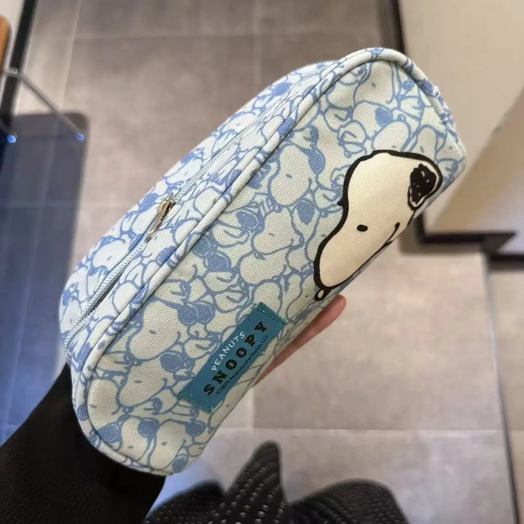 Cute Snoopy Pencil Case with Bone Pulling Makeup Bag - Blue Cartoon Travel Storage