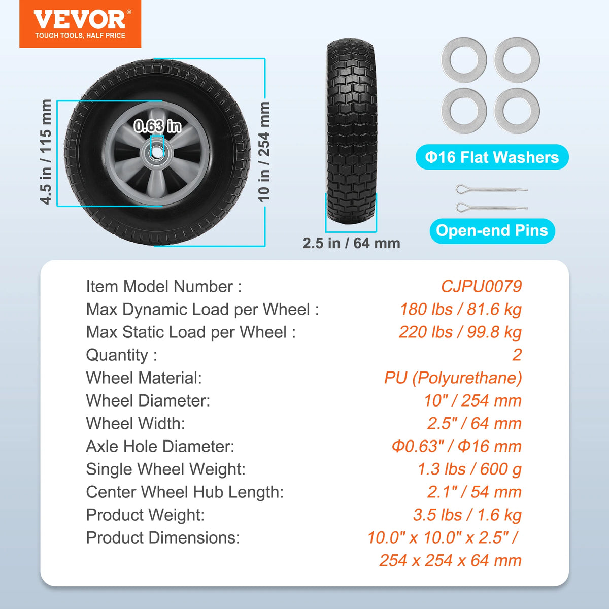 2-Pack 10-Inch Solid PU Run-Flat Tire Wheels for Garden Trailers and Dollies