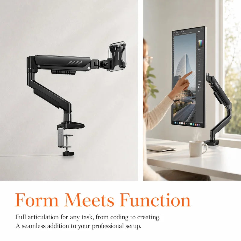 Adjustable Monitor Arm for 13-34 Inch Screens, Gas Spring Desk Mount, VESA Compatible, Clamp or Grommet Base