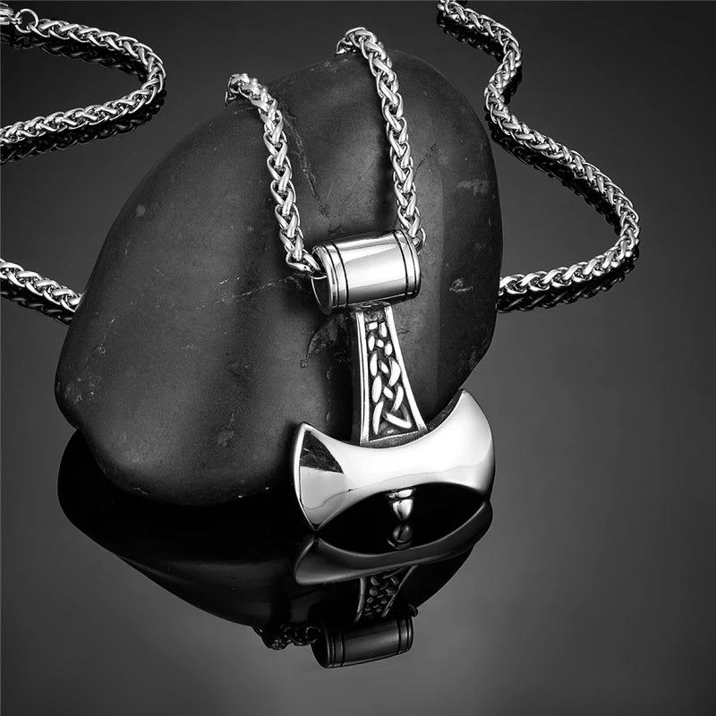 Vikings Axe Pendant Necklace Men Stainless Steel Norse Rune Amulet Jewelry