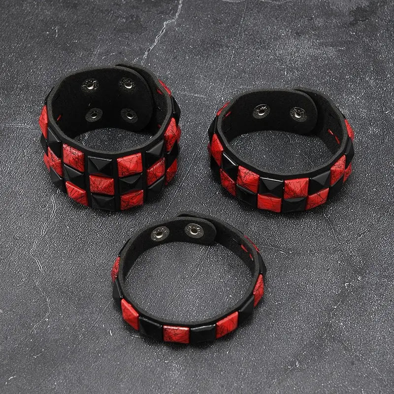 Leather Wristband Set with Square Rivets - Punk Gothic Adjustable Bracelets for Men Women