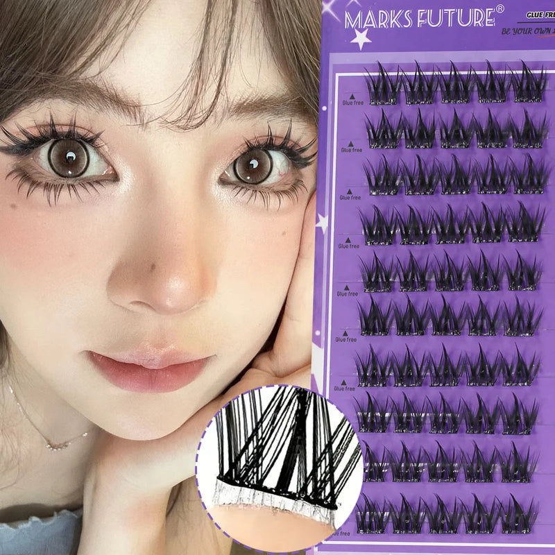 Pre-Glued Self-Adhesive Eyelash Clusters - Cat Eye Style 12mm C Curl, No Residue, Beginner Friendly