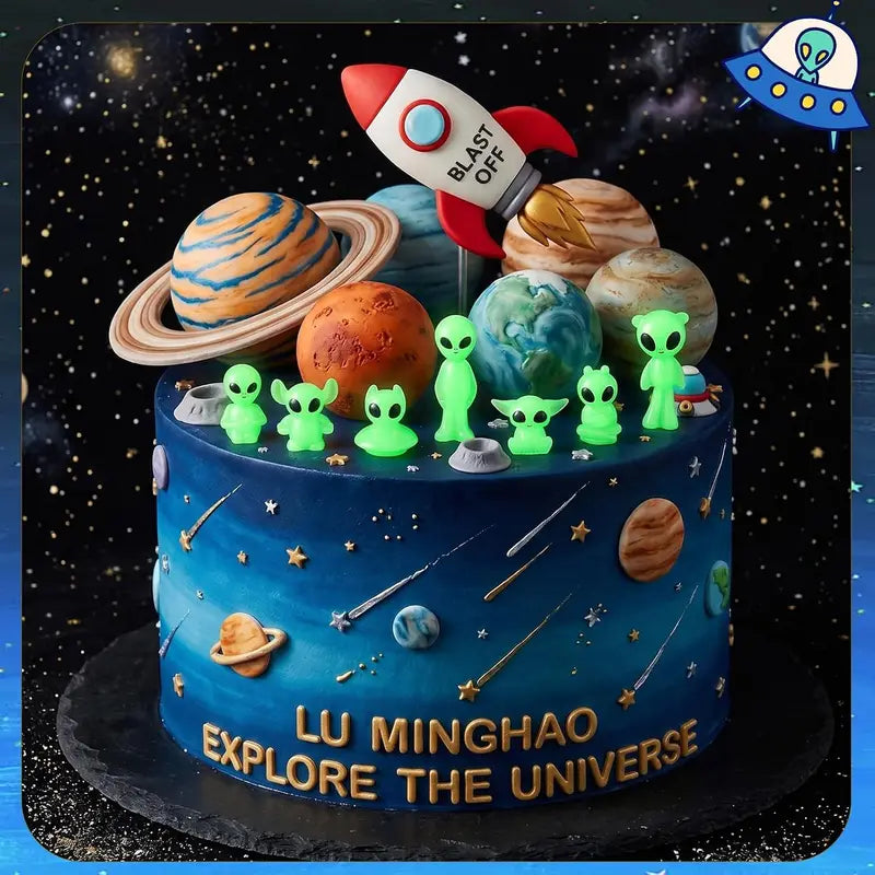 14Pcs Luminous Mini Alien Resin Figurines - Glow in Dark Space Party Decorations