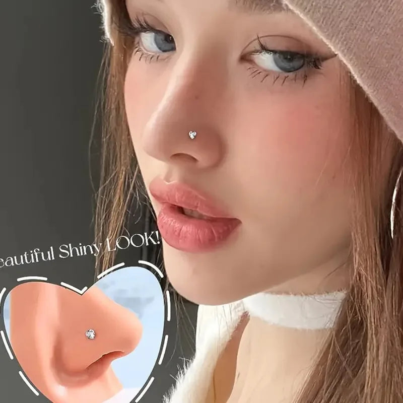 3-Piece Heart Star Zirconia Nose Stud Set - Stainless Steel Nostril Jewelry for Women Girls