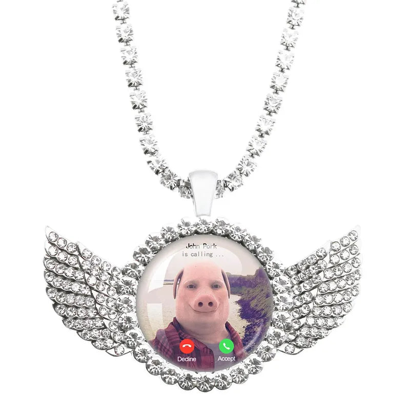 Funny Pig Lover Necklace with Angel Wings Pendant - Humorous Jewelry Gift