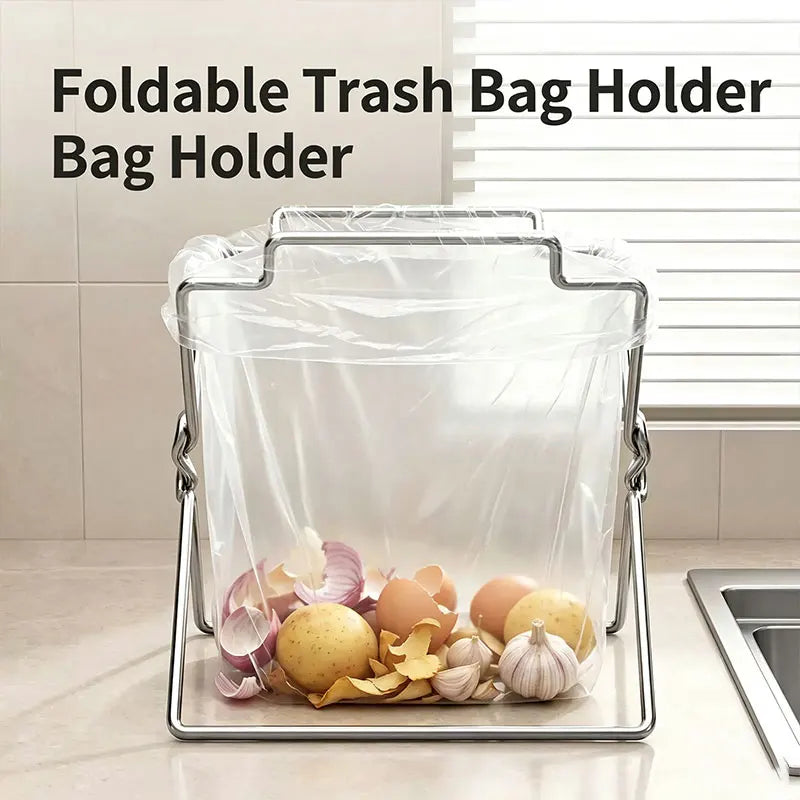 Collapsible Stainless Steel Trash Bag Holder - Kitchen Countertop Organizer Rack
