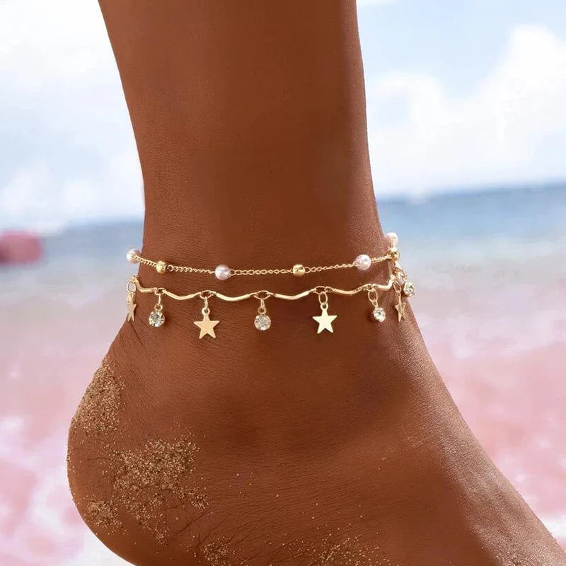 Colorful Beaded Anklet Foot Jewelry with Heart Pendant for Summer Beach Bridal