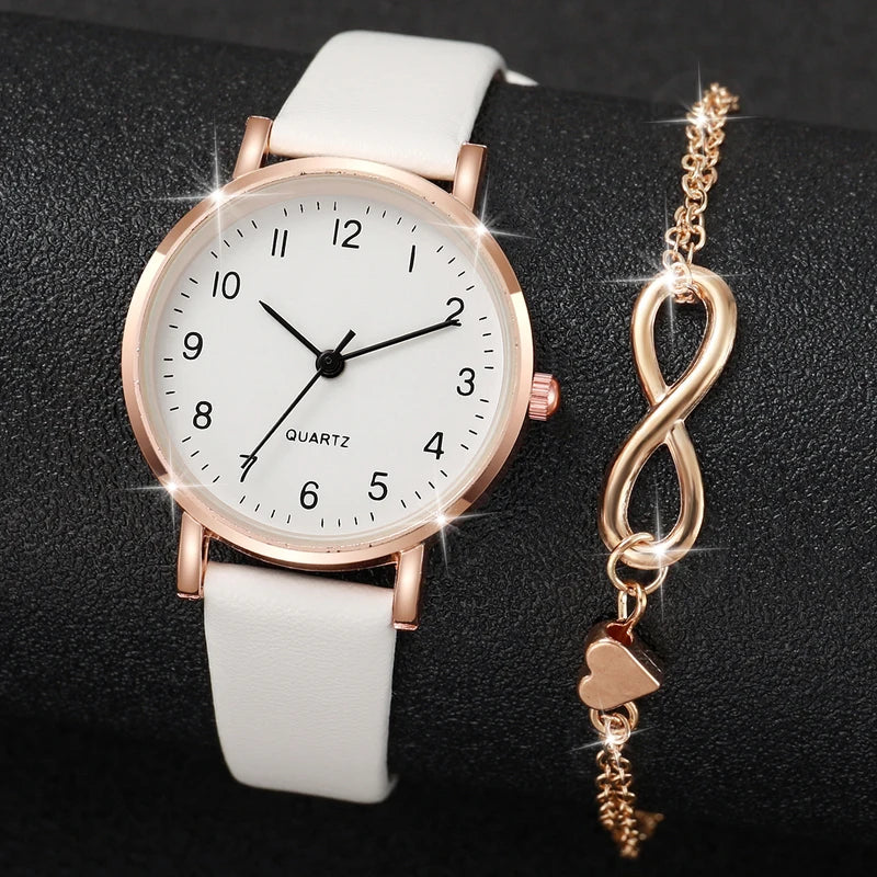 Women's Leather Band Quartz Watch Set with Heart Bracelet - Gold, Arabic Dial