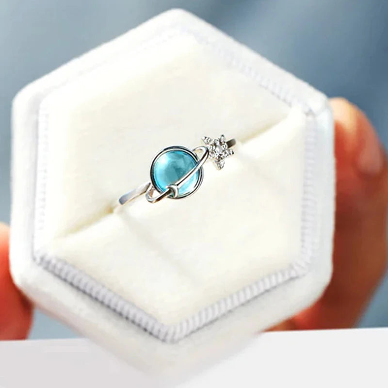 Blue Planet and Silver Star Ring for Women - Unique Open Design Jewelry Gift