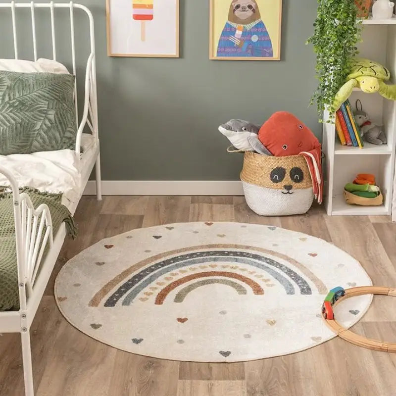 Kids Bedroom Rug Heart Plush Play Mat - Round Fluffy Nursery Carpet for Children