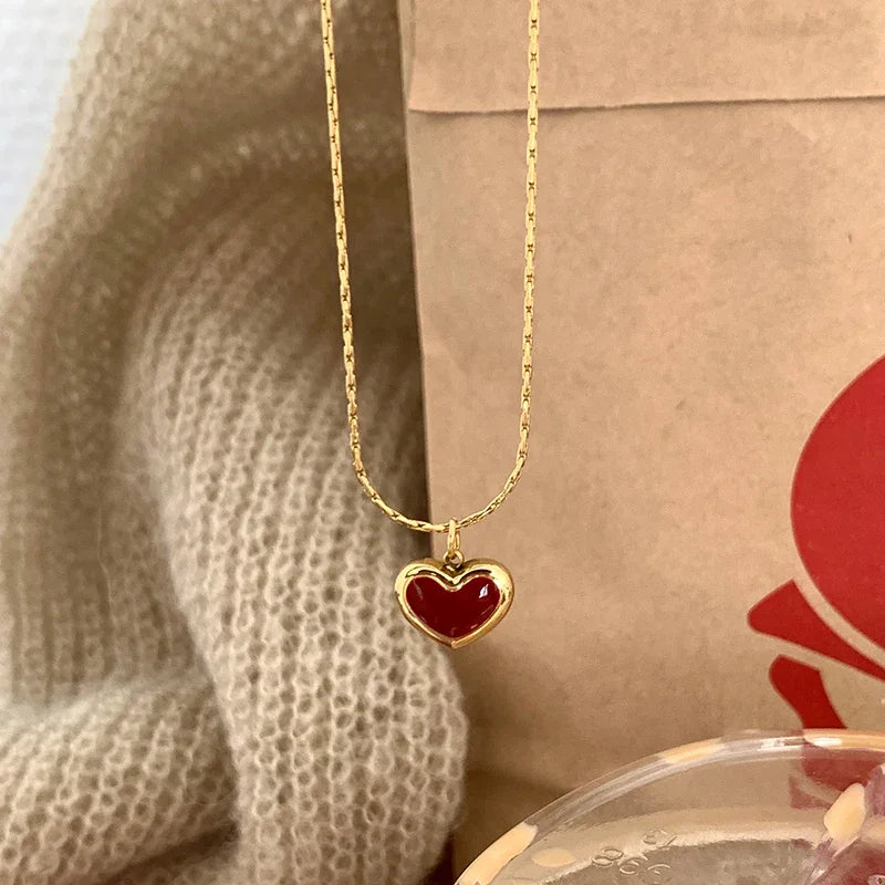 2024 Mother's Day Red Heart Pendant Necklace for Women - Stainless Steel Gold Chain Jewelry