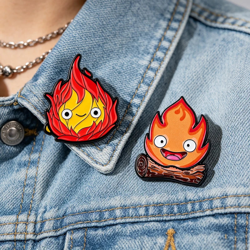 2-Pack Cute Flame Enamel Pins Cartoon Anime Movie Brooches Fashion Jewelry
