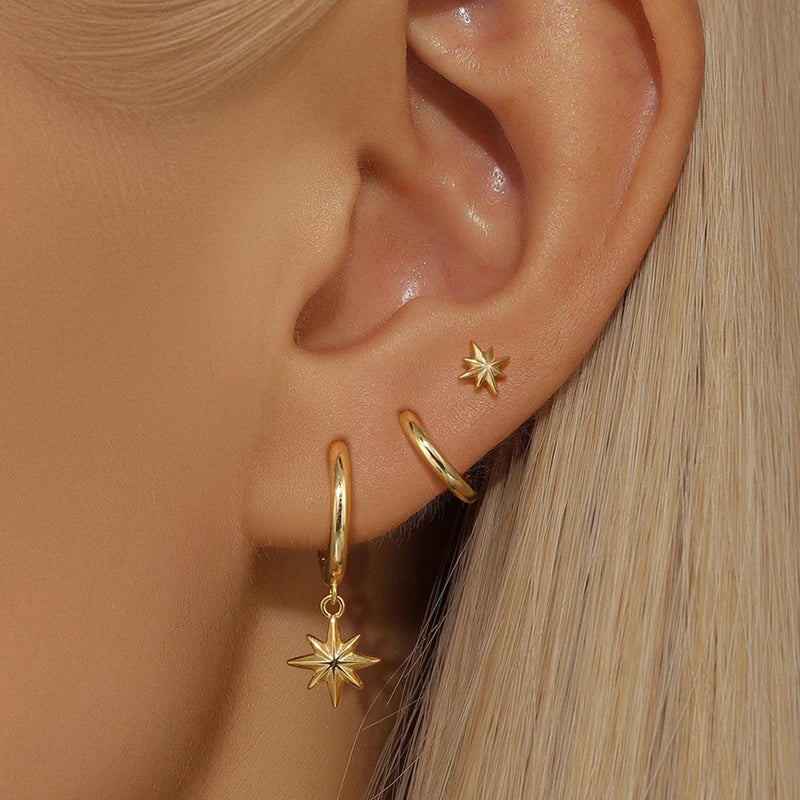 3 Piece Star Drop Earrings Set for Women and Men - Stainless Steel, Gold Plated, Dangle Jewelry