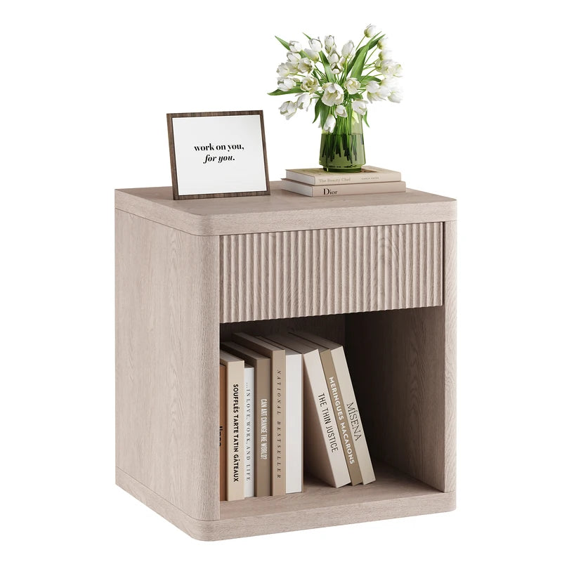 Wooden End Table with Fluted Drawer Front and Open Shelf - Mid Century Modern Nightstand