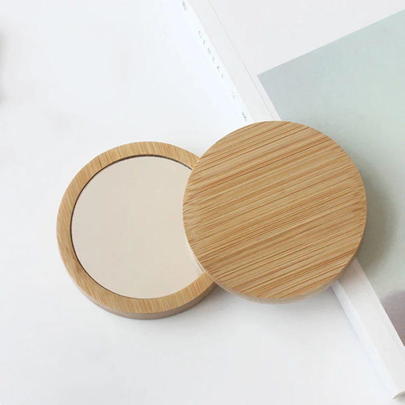 Mini Wooden Makeup Mirror Set - Portable Round Cosmetic Reflectors for Women