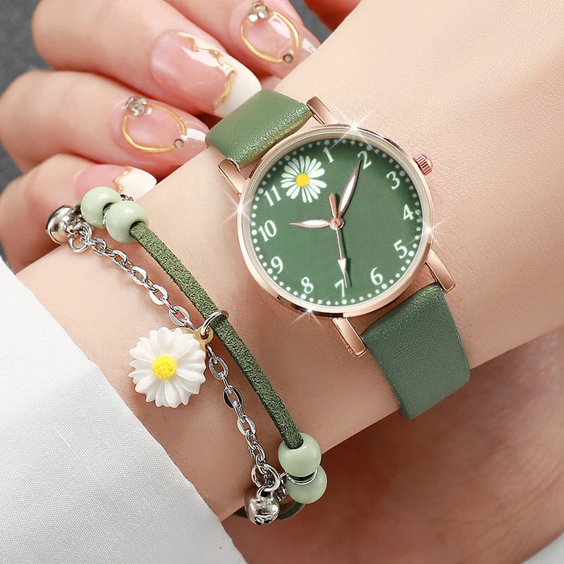 Women’s Fashion Quartz Watch and Bracelet Set with Leather Strap - Multiple Colors