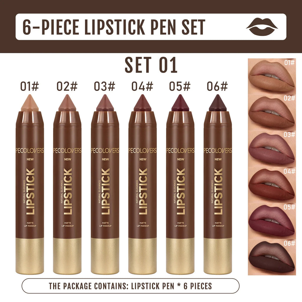 6PCS Waterproof Matte Lipstick Pencil Set - Long-Lasting Lip Contour & Lipliner