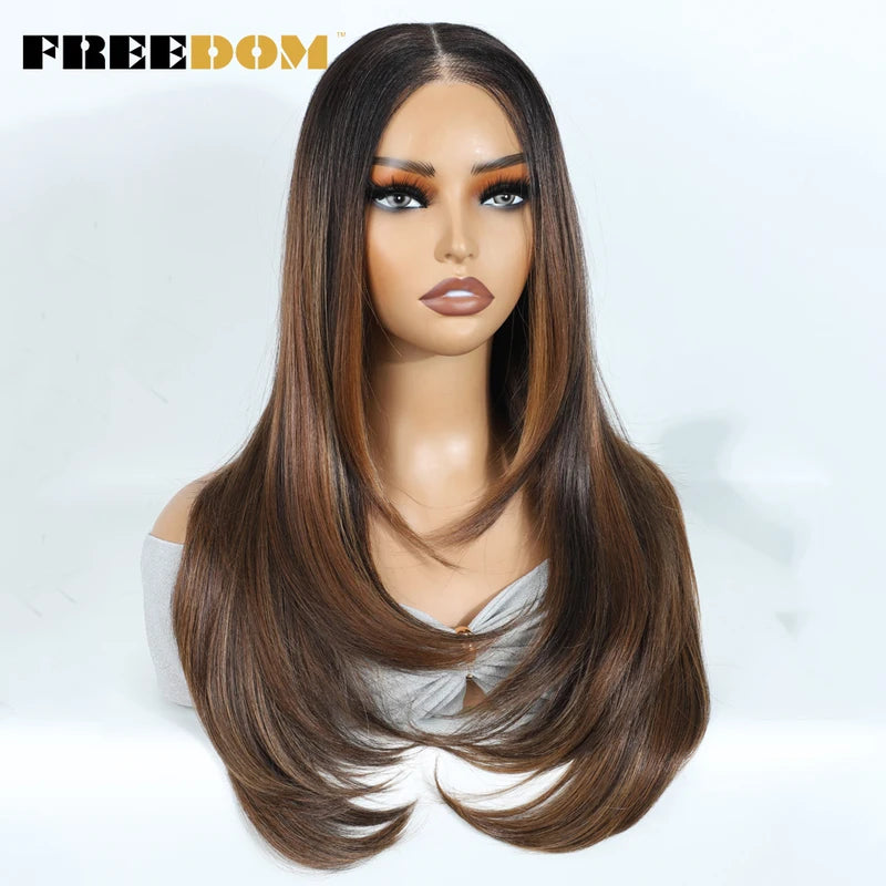 Layered Straight Synthetic Lace Front Wig for Black Women - Glueless Ombre Brown T-Part & 6x4 Pre-Plucked Style