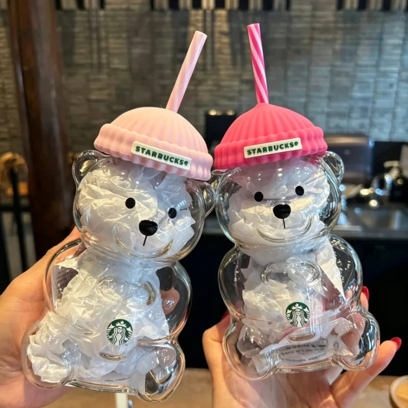 Clear Bear-Shaped Tumbler with Pink Beanie Lid & Striped Straw – 591ml Drinkware
