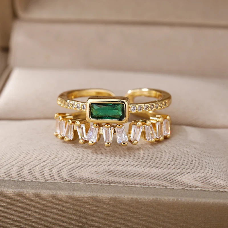 Elegant Irregular Double Layer Zircon Ring for Women Stainless Steel Gold Plated Wedding Open Finger Ring