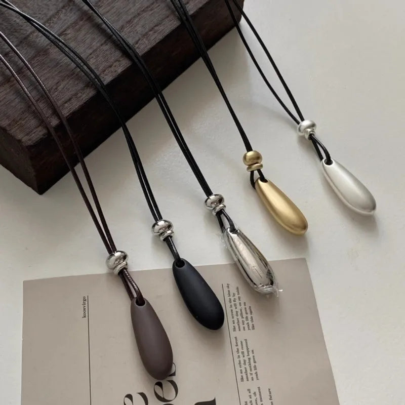Geometric Metal Pendant Necklace for Women Long Rope Chain Black Water Drop Style