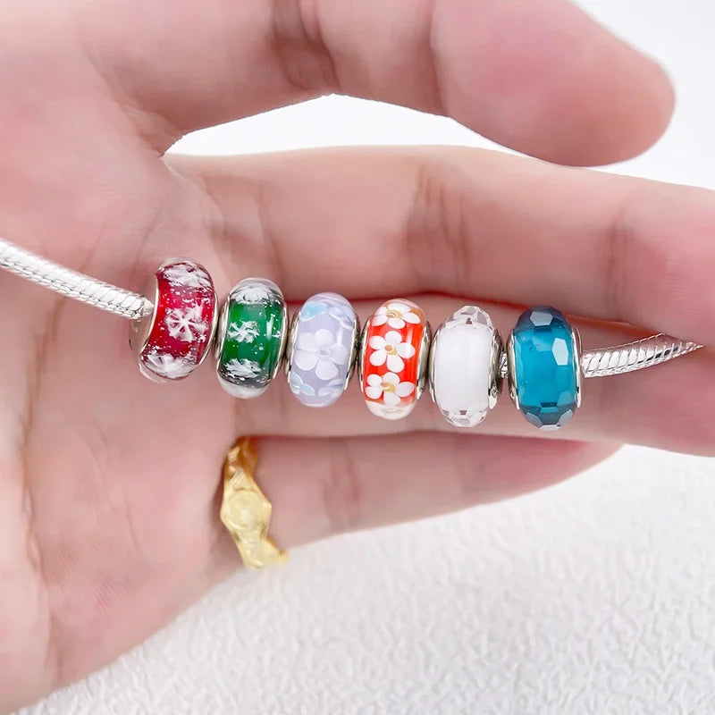 925 Silver Crystal Enamel Murano Bead Charm Fit Original Bracelet for Women Jewelry Making