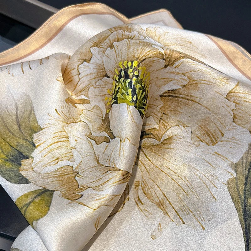 Natural Silk Square Scarf for Women Big Floral Print Hair & Hijab Wrap