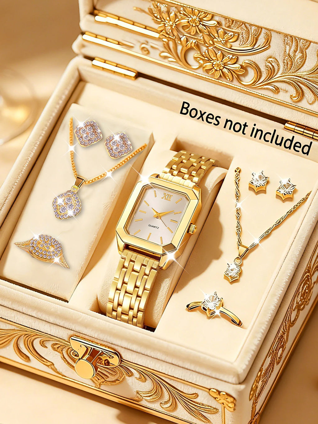 Ladies Quartz Watch Jewelry Set with Stainless Steel Band and Roman Numeral Display