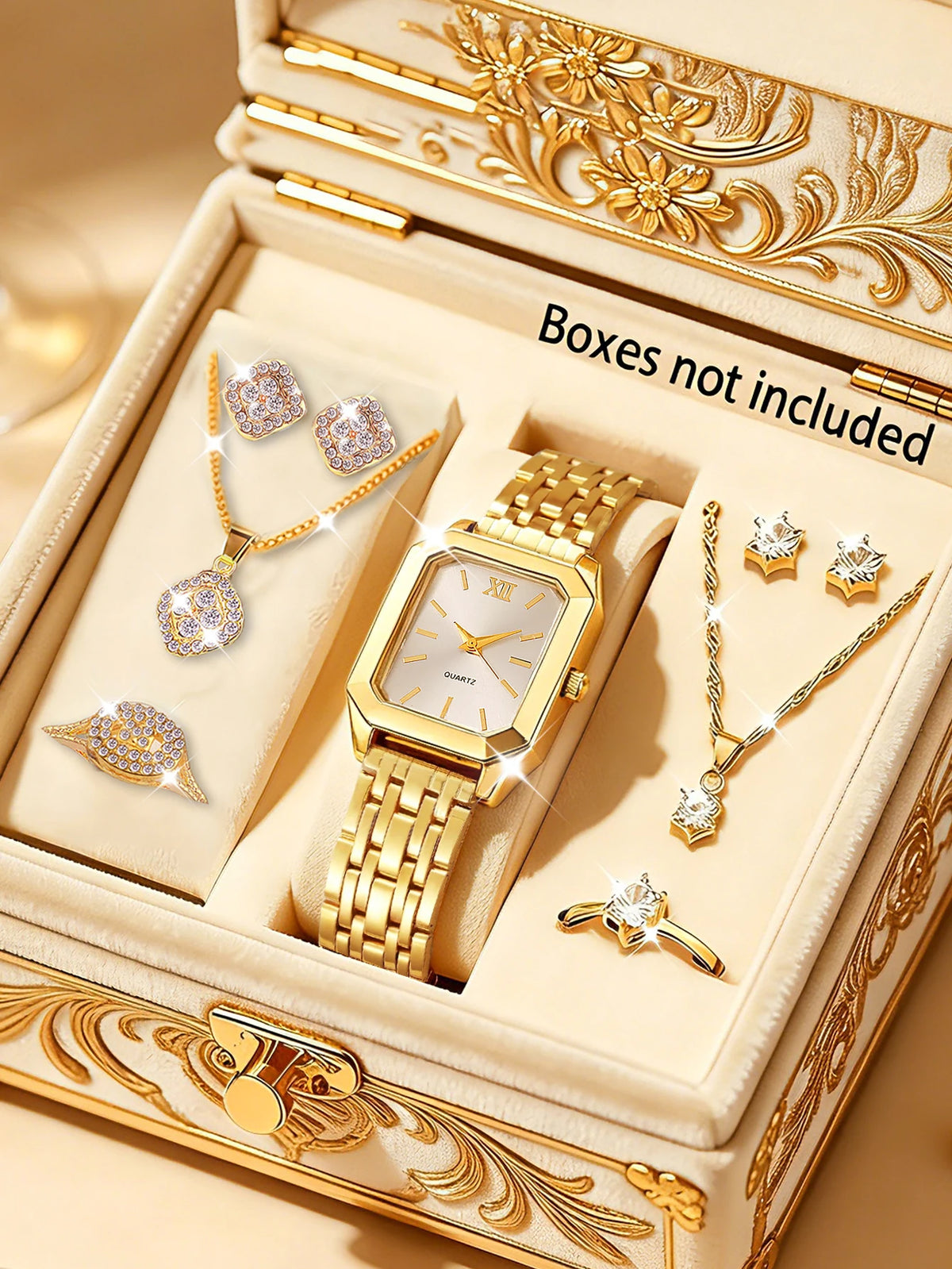 Ladies Quartz Watch Jewelry Set with Stainless Steel Band and Roman Numeral Display