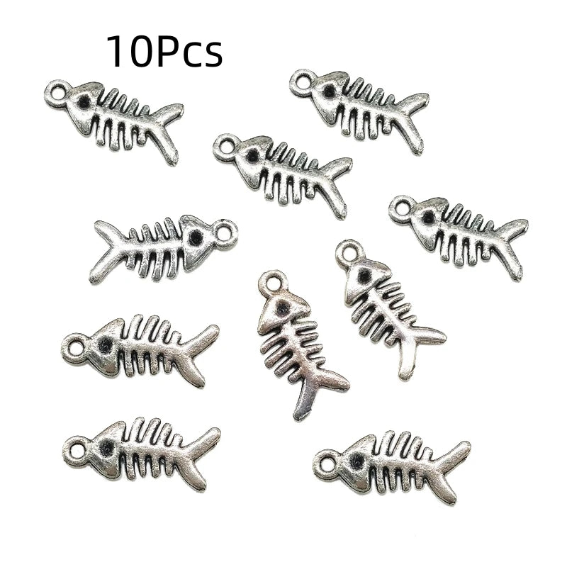 10Pcs Silver Fish Bone Pendant Charms for Jewelry Making DIY Accessories