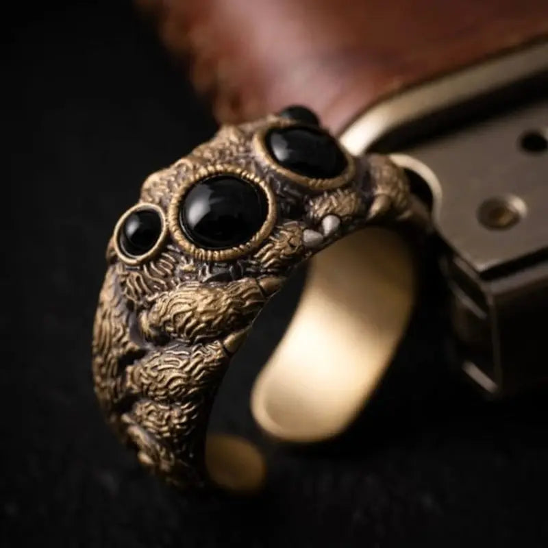 Adjustable Animal Jewelry Ring with Black Agate Eyes - Unique Animal Statement Ring