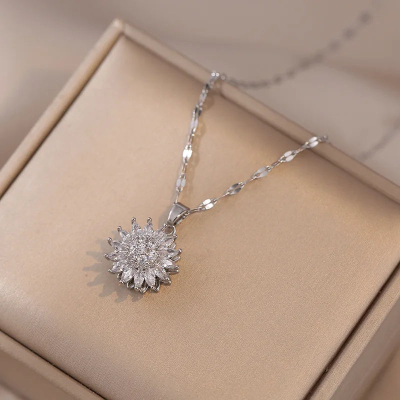 Double-Layer Rotatable Sunflower Necklace for Women Girl Jewelry Choker