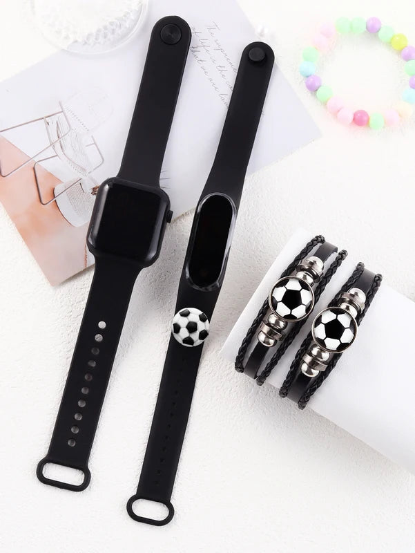 Sports Watch with Silicone Band and Football Leather Bracelet - Gift Set