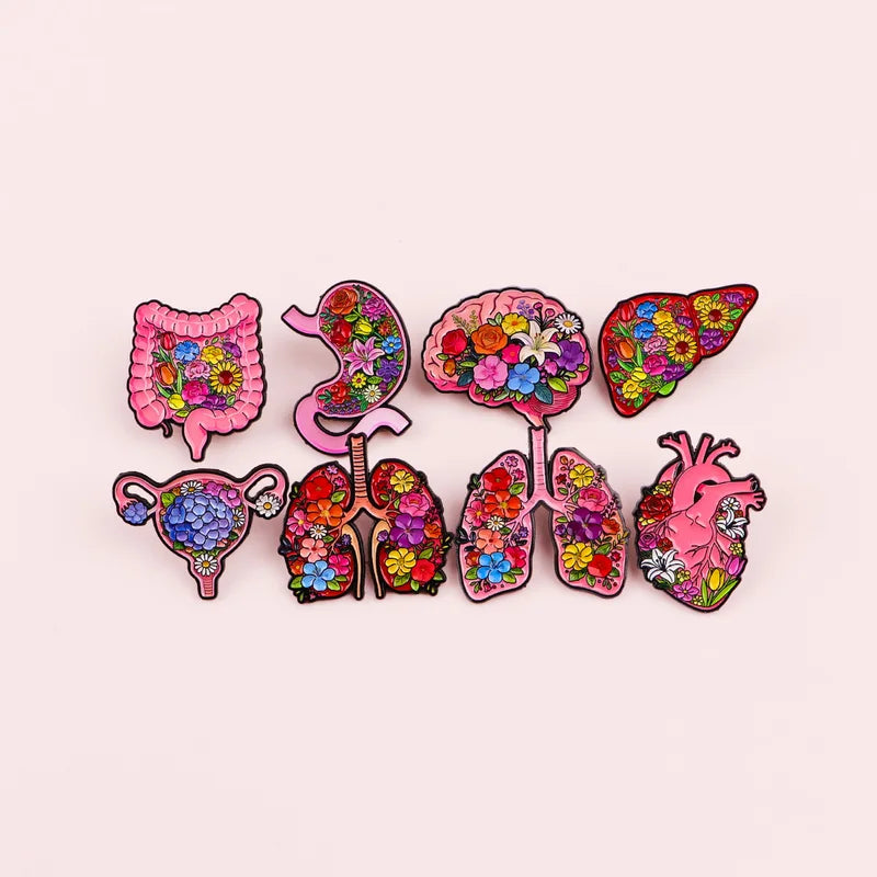 Medical Enamel Pin Brooch Set - Flower Brain Heart Lungs Badge Jewelry for Healthcare Professionals