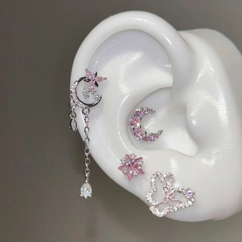 Pink Zircon Moon Tassel Ear Bone Nail Jewelry Piercing Earrings for Women