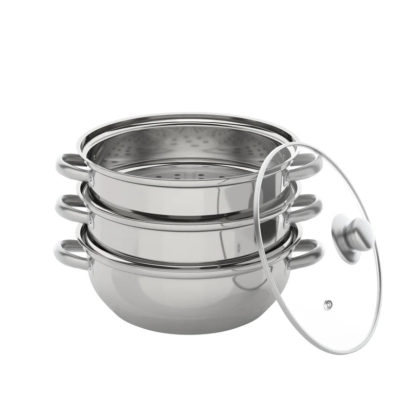 28cm 3-Tier Stainless Steel Food Steamer Set with Glass Lid for Healthy Cooking