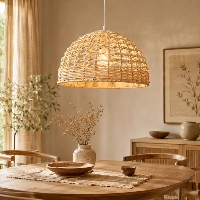 Boho Wicker Rattan Hanging Pendant Light for Kitchen Island & Bedroom - 28cm