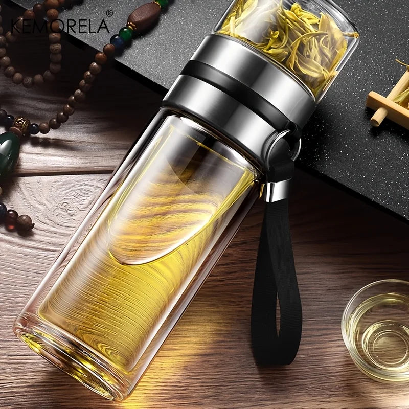 Leakproof Double-Wall Insulated Glass Tea Bottle with Water Separation 350ml-500ml Reusable Travel
