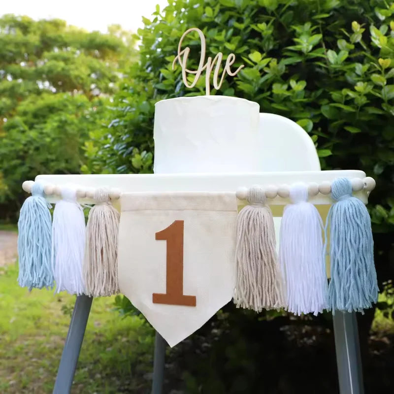 Baby First Birthday Decorations Set - Blue High Chair Banner & Wall Hangings