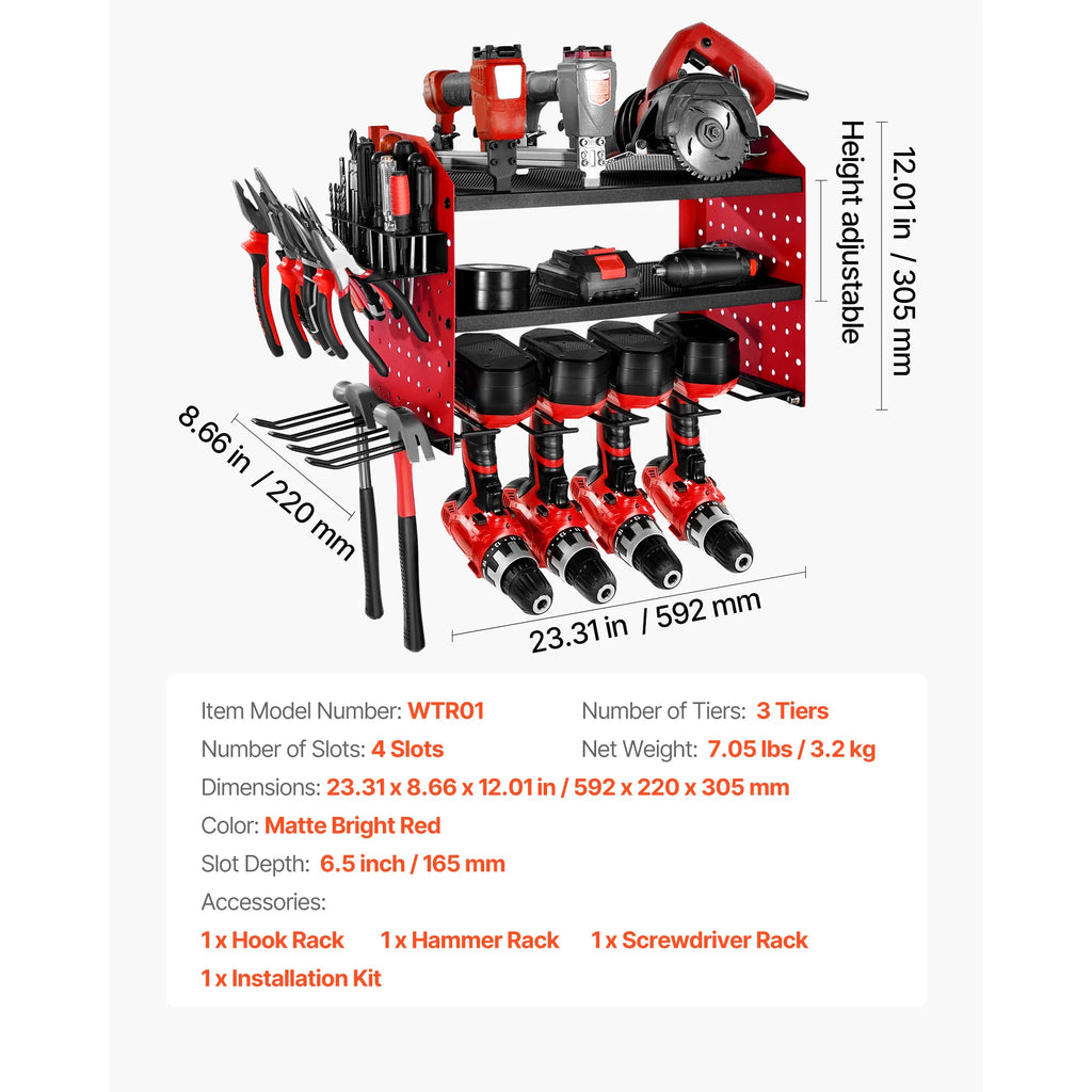 3-Tier Power Tool Wall Mount Organizer Rack for Garage Workshop