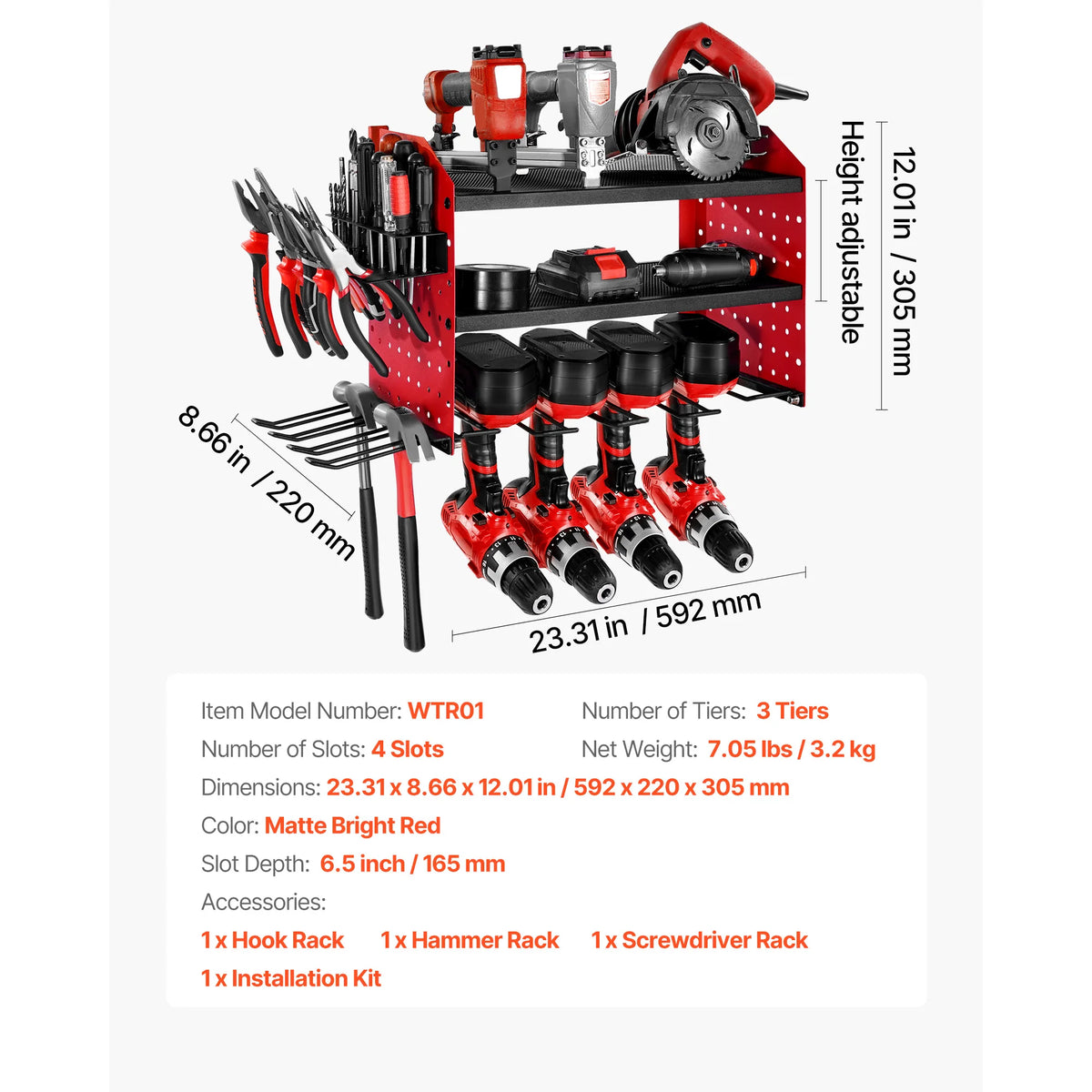 3-Tier Power Tool Wall Mount Organizer Rack for Garage Workshop