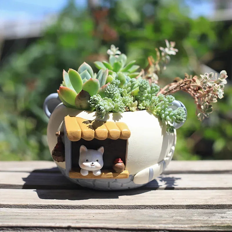 Cute Kitty Fox Small Plant Pot - Resin Succulent Planter for Home Office Decor