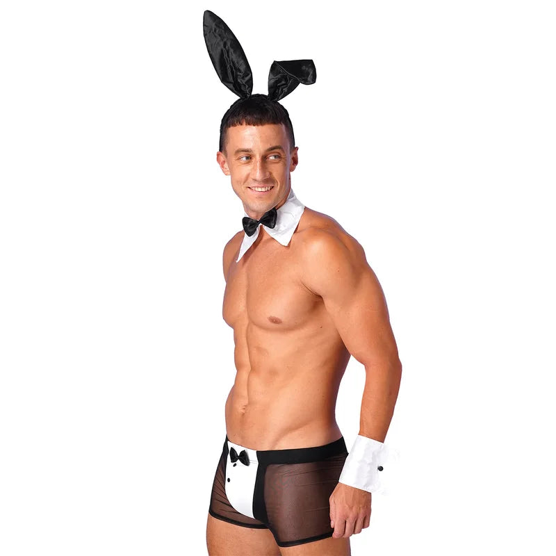 Men's Bunny Cosplay Costume Set with Sheer Boxer Briefs Rabbit Ears Headband and Accessories