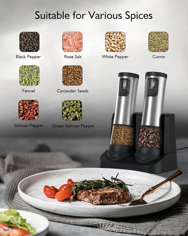 Electric Salt and Pepper Grinder Set with Adjustable Coarseness, LED Display, One-Handed Operation