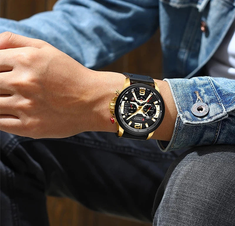 Men's Sports Chronograph Watch Leather Strap Military Style Casual Watch