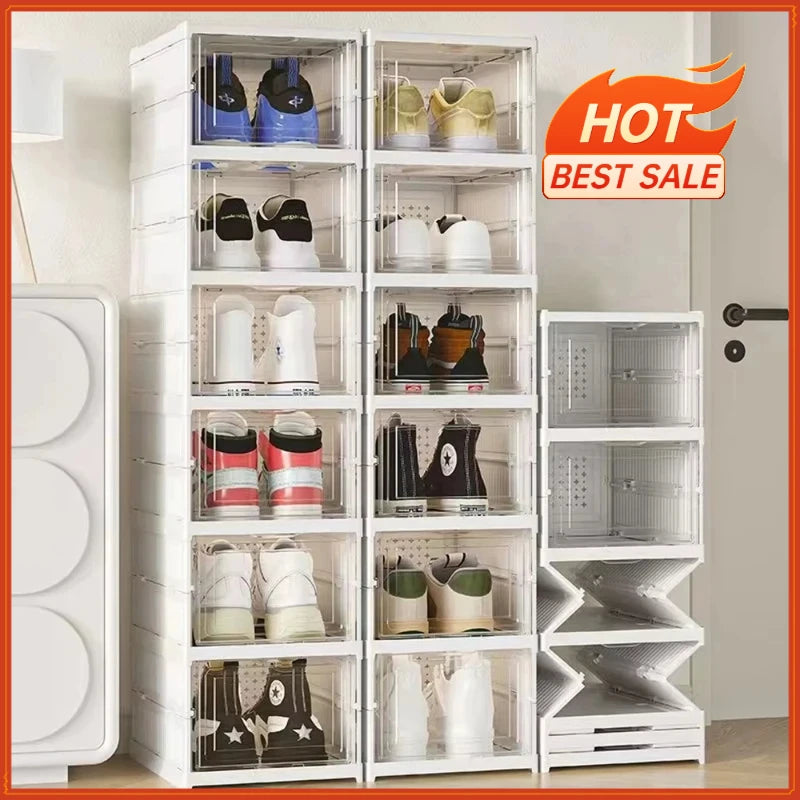 Foldable Shoe Storage Box 3/6 Layers Clear Stacking Shoe Organizer Dustproof