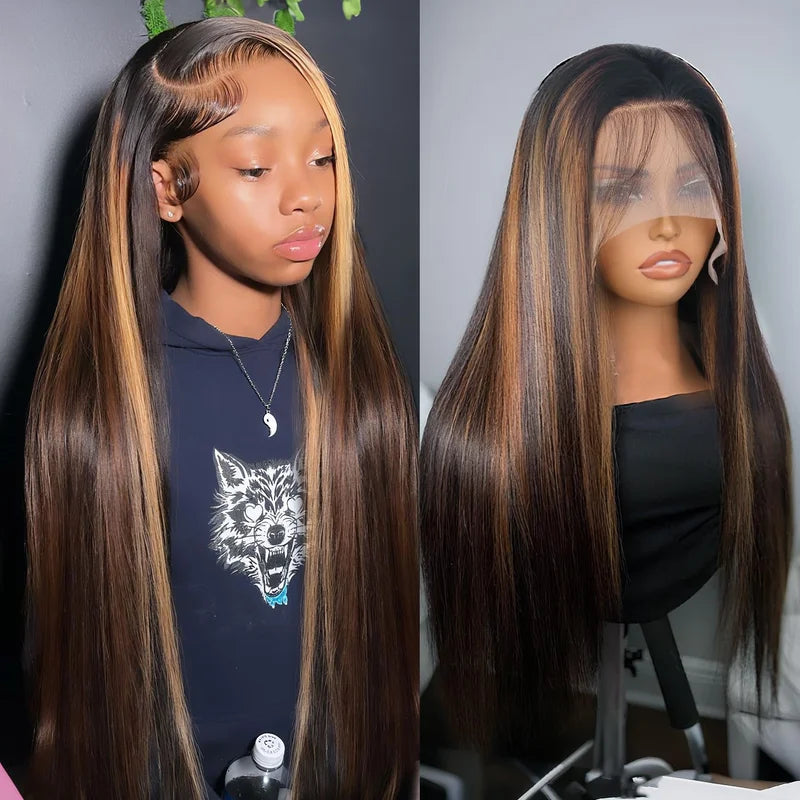 Highlight Ombre Human Hair Wig 13x6 HD Transparent Lace Frontal Straight 250% Density