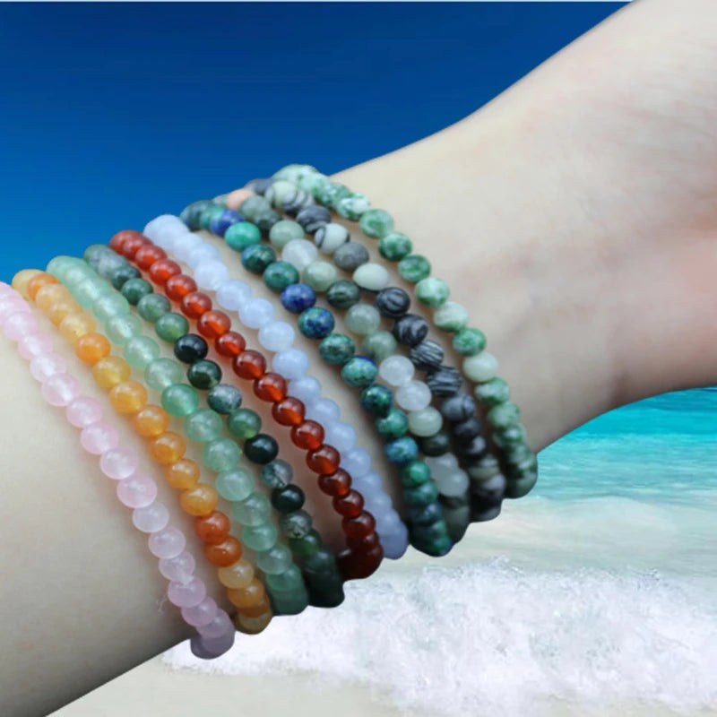 Natural Stone Beaded Bracelet 4mm Quartz Agate Lava Rock Tiger Eye Onyx Healing Jewelry