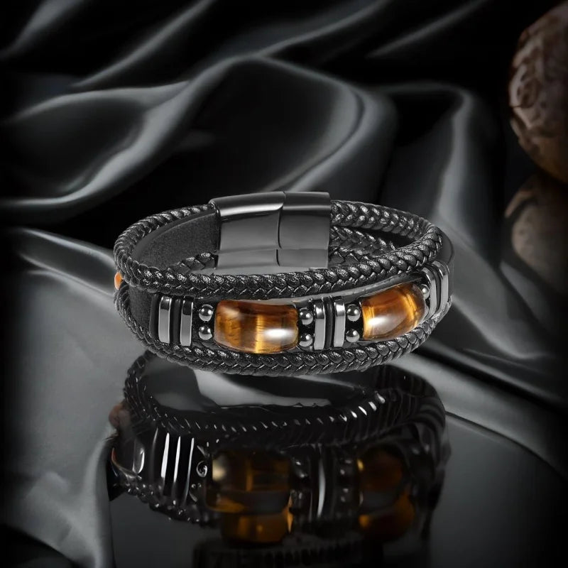 Men's Tiger Eye Leather Bracelet Natural Gemstone Jewelry - Stress Relief & Protection