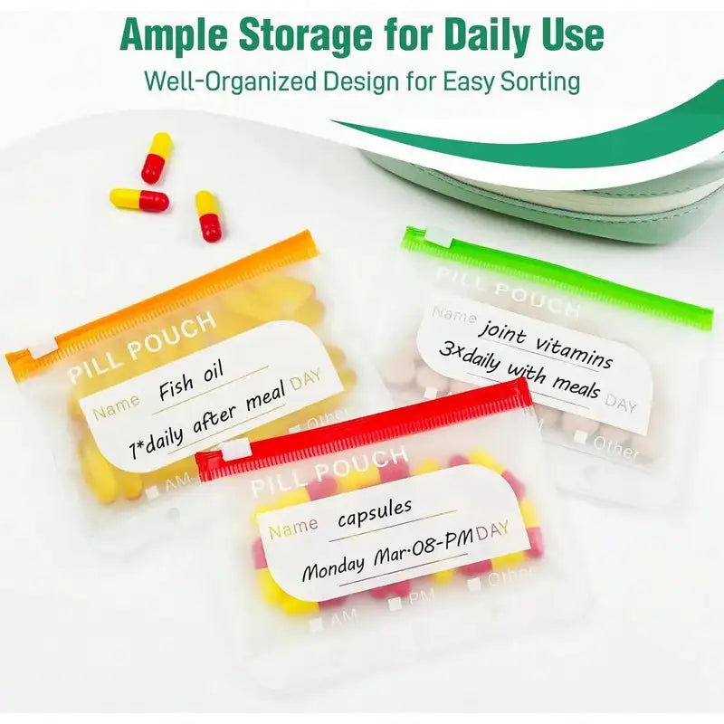 Waterproof Zipper Medicine Pouch Set with 14 Color Designs Weekly Organizer for Supplement Storage